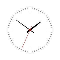 Simple modern classic style clock with hour, minute and second hand on white background.