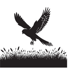 Silhouette Bird Flying over Grass Field Illustration Vector Design