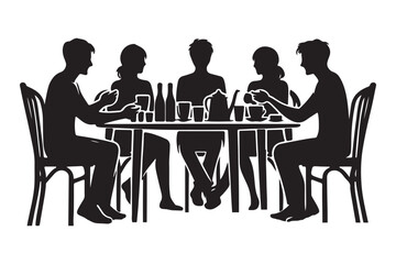 Illustrative people at table silhouette enjoying tea time discussion