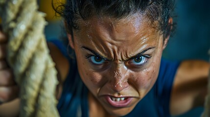 Determined woman fiercely climbing a thick rope, eyes intense and face covered in sweat, showcasing strength and unwavering determination.
