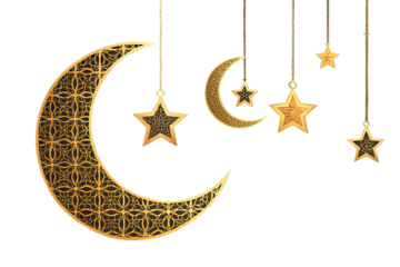 Ornate gold crescent moons and stars dangle on chains against White backdrop PNG