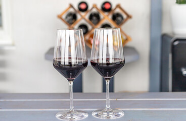 Wine bottles on the table. Selective focus.