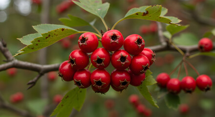 Vibrant Hawthorn Berries Ripening on Branch in Autumnal Light