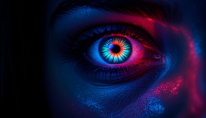 close-up pupil of woman's eye glows in darkness, creative colorful bright	
