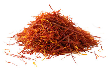Fototapeta premium Pile of bright red saffron threads isolated on White background for culinary use PNG