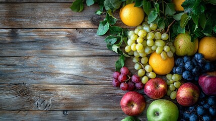 Colorful fruits on wooden table with rustic vibe