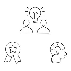 Brand Awareness Concept Icon. Monoline Style Graphic of Team Brainstorming, Recognition Badge, and Innovation Thinking. Editable Stroke.