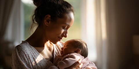 A heartwarming moment is captured between a mother and her baby, radiating love and warmth in delicate sunlight, symbolizing the essence of motherhood and bonding.
