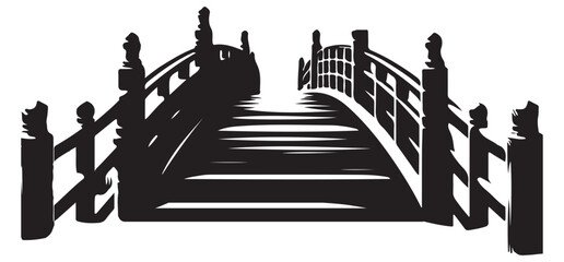 Classic Wooden Bridge Silhouette Over Waterway Tranquil Illustration Art