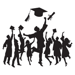 Celebrating Graduation Silhouette Illustration with Tossing Caps and Diploma