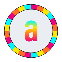 Rainbow Gradient lowercase Letter a on Dark Background with Multicolor Circle Frame, enclosed in a black frame.