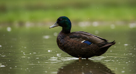 Obraz premium Mallard Duck Standing In Shallow Pond With Greenery Backdrop On A Rainy Day
