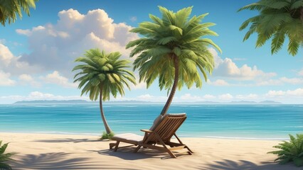 A tropical scene featuring a tall palm tree with vibrant green fronds, standing beside a wooden lounge chair with orange and white stripes