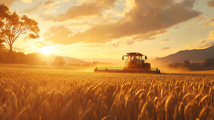 Naklejka premium Harvest at Sunset: Golden field of wheat being harvested by a combine.