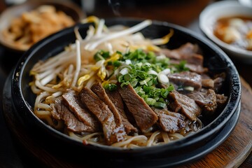 &bull;  A sizzling platter of Cantonese-style beef chow fun with wide rice noodles, tender beef slices, and crisp bean sprouts 