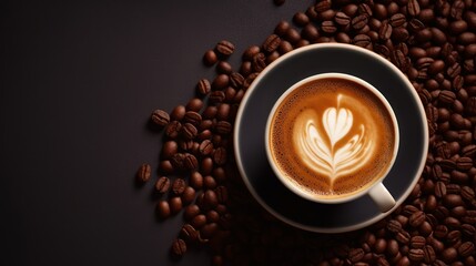 Coffee top view cup. Realistic cup and coffee beans