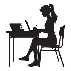 Student Silhouette Illustration Studying with Laptop on Desk Vector
