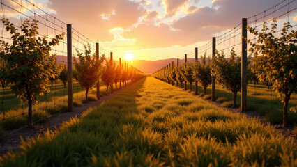 Obraz premium Sunlit vineyard with rows of grapevines during sunset.