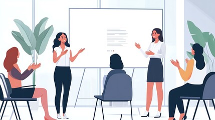Female coworkers applauding a team speaker presenting future initiatives in a professional space