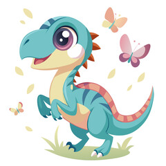 Obraz premium baby velociraptor playing with butterfly, cartoon dinosaur, pastel vector art, flat design, cute prehistoric creature