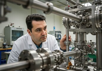 A man scientist working on intricate metal equipment in a laboratory, signifying advanced research in physics, engineering, or chemistry, a concept used for science journals or industrial websites.