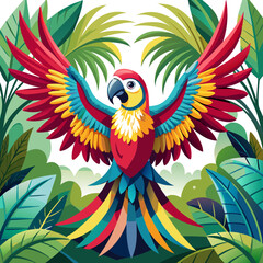 Fototapeta premium colorful cuban macaw with spread wings, tropical jungle background, vector illustration, extinct parrot bird, stylized feathers