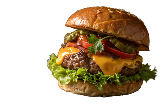 Delicious gourmet hamburger with melted cheese isolated against a White background png