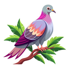 Obraz premium graceful passenger pigeon perched on tree, soft purple and grey feathers, vector style, vintage flat cartoon look