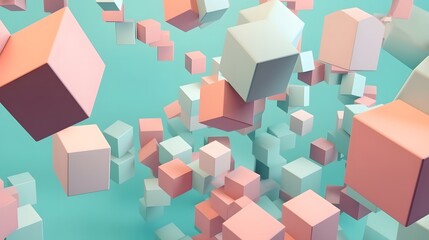 Obraz premium Geometric 3D cubes floating in air pastel color scheme, 3D illustration of purple and pink shapes floating