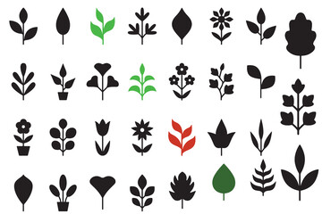 set of black silhouettes of plants Leaf vector icon set nature green design plant eco organic tree illustration environment symbol logo graphic template art flat minimal isolated collection sign 