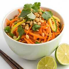 Fresh Thai Carrot Salad with Peanuts, Cilantro, and Lime in White Bowl – Healthy Vegan Food
