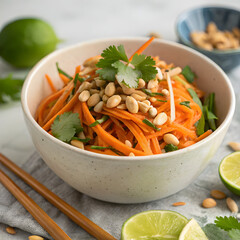 Fresh Thai Carrot Salad with Peanuts, Cilantro, and Lime in White Bowl – Healthy Vegan Food