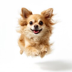 Chihuahua puppy jumping happily on white background