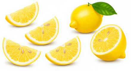 Fototapeta premium Juicy Lemon Slices and Whole Lemon Fruit Vibrant Yellow Citrus Refreshing Summer Fruit