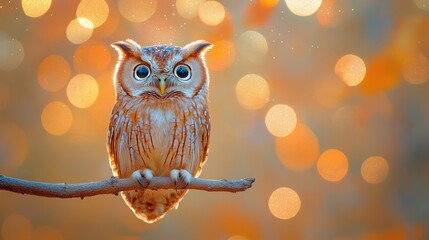 Fototapeta premium Cute owl on branch, warm bokeh