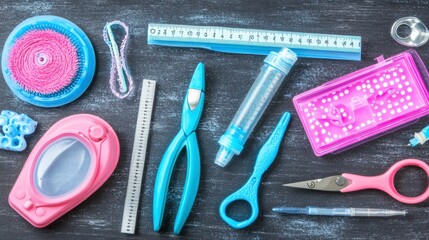 Assorted Craft Supplies Pink and Blue Tools on Dark Background