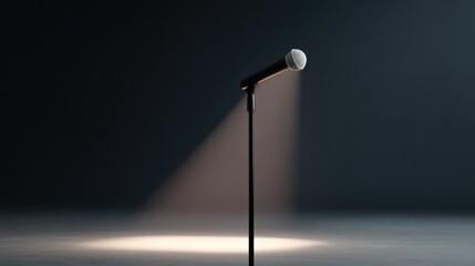 lone microphone stands on stage with spotlight highlighting it surrounded by expanse of darkness