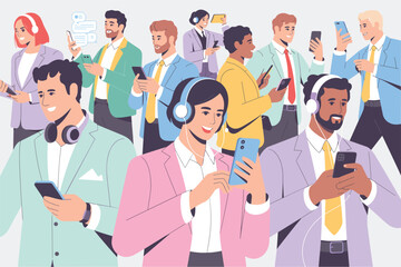 Set of business men and women holding smartphones and texting, talking, listening to music, taking selfie, Flat Vector illustration