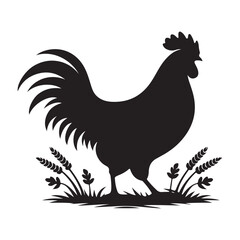 Rooster Silhouette Standing Tall on Grasses A Farm Animal Vector