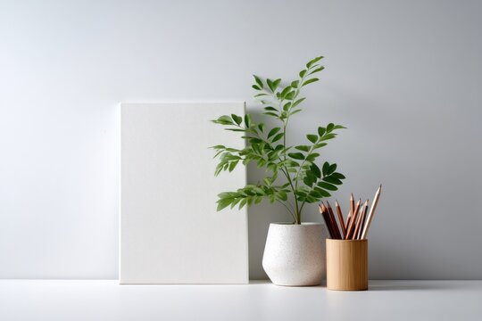 minimalist artist workspace showcasing blank canvas array of sketching pencils and wooden desk