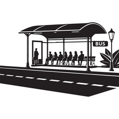 Silhouette of Bus Stop with People Waiting Transportation Vector Image