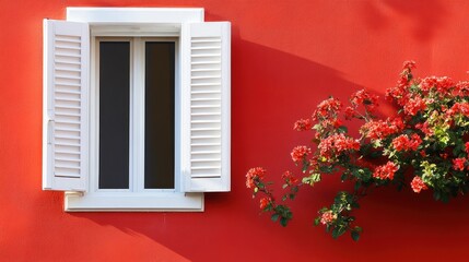 Vibrant Red Wall with White Shutters and Red Flowers Window Scene