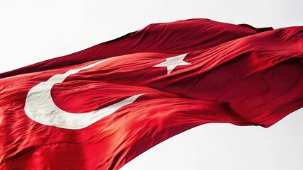A vibrant Turkish flag flutters in the wind under a bright sky, symbolizing national pride and the cultural identity of Turkey. The flag's bold red and white colors convey strength and unity