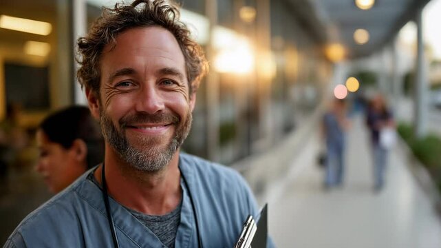 Portrait of a smiling male nurse with curly hair and a beard, wearing scrubs and holding a clipboard outside a modern hospital at sunset with colleagues in the background &ndash; Generative AI