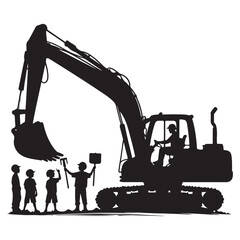Construction Excavator Silhouette With Kids Watching Engineering Illustration