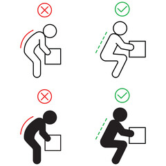 Lifting weight with correct and incorrect posture, posture of spine icon set, vector, customizable stroke