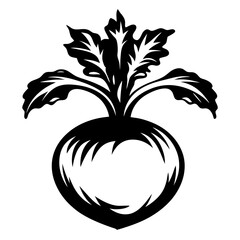 Stylized Beetroot Vegetable with Lush Greens on Top in Bold Black