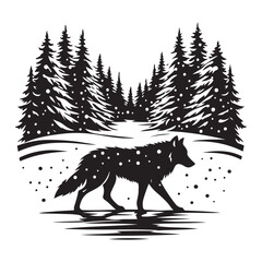 Wolf Walking in Winter Forest Silhouette Landscape Illustration Vector