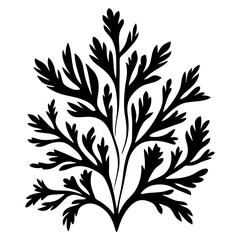 Stylized black silhouette of a plant with many leaves or fronds