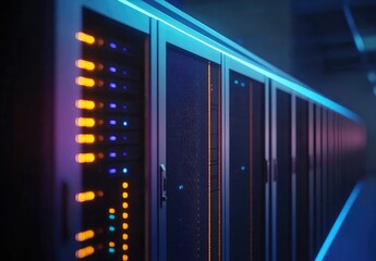 Stylized data servers with glowing orange and blue LEDs in a sleek hallway. Ideal for showcasing IT security, data processing, and futuristic tech environments